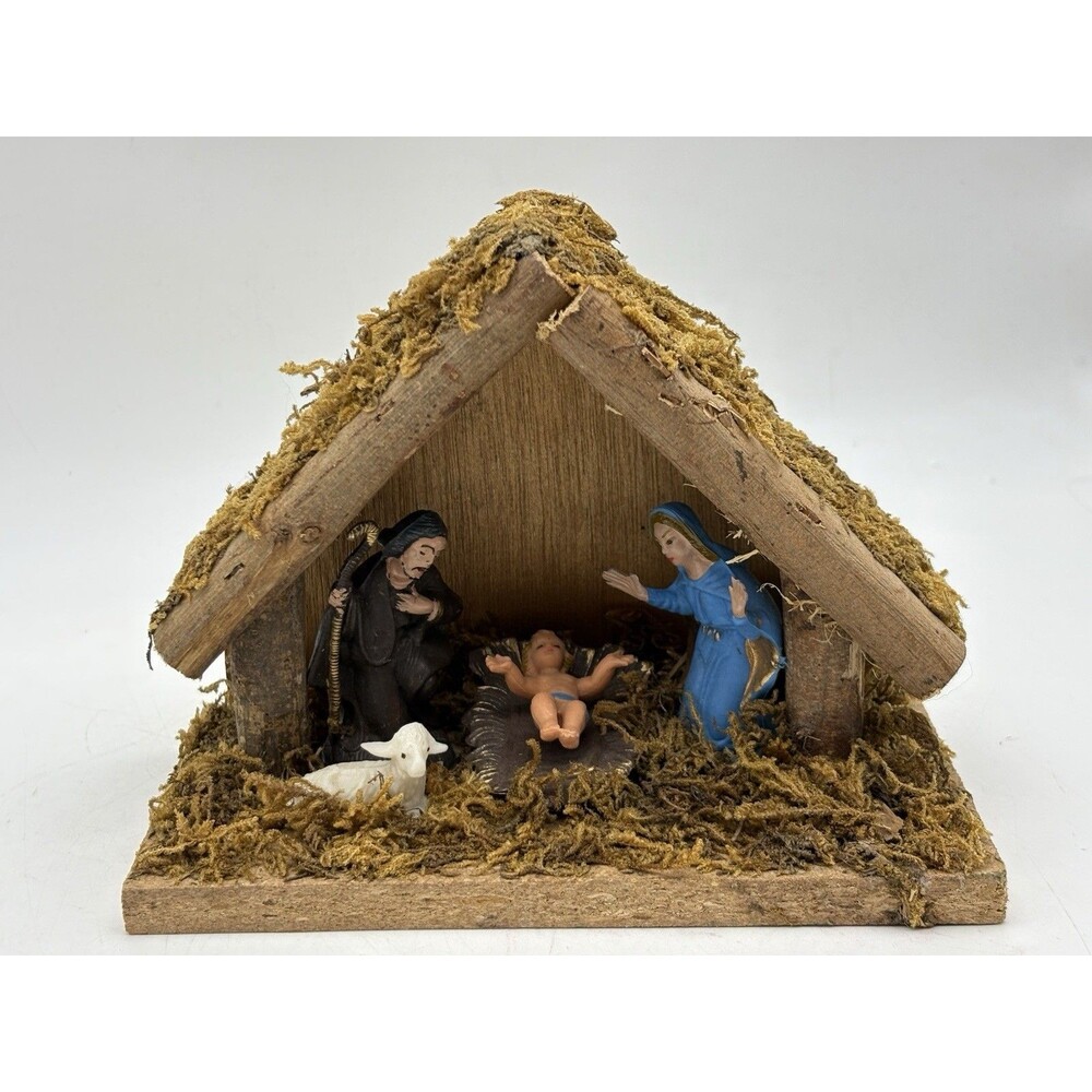 Vintage Rustic Nativity Scene Wood Stable Creche Moss Christmas Decor 7”